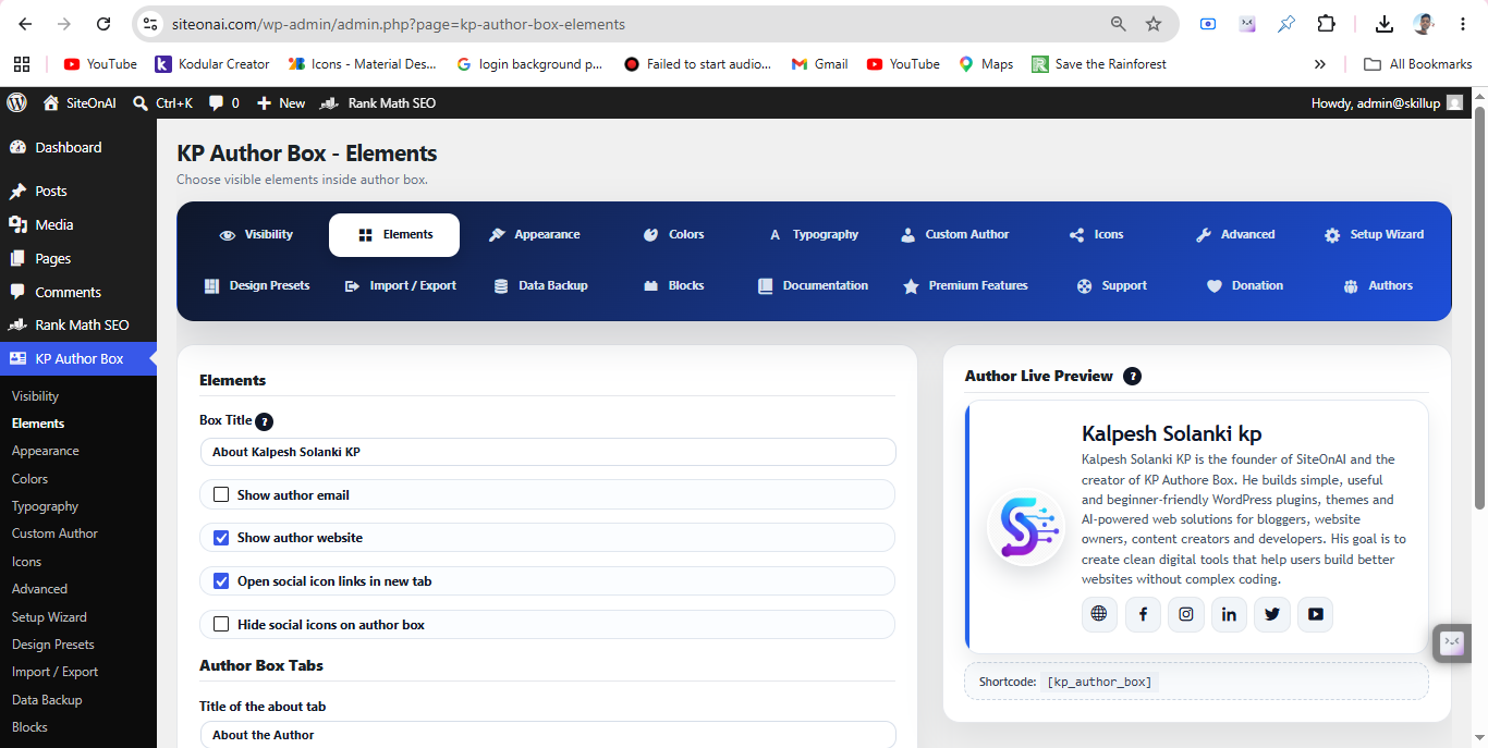 KP Author Box plugin visual settings for author box customization