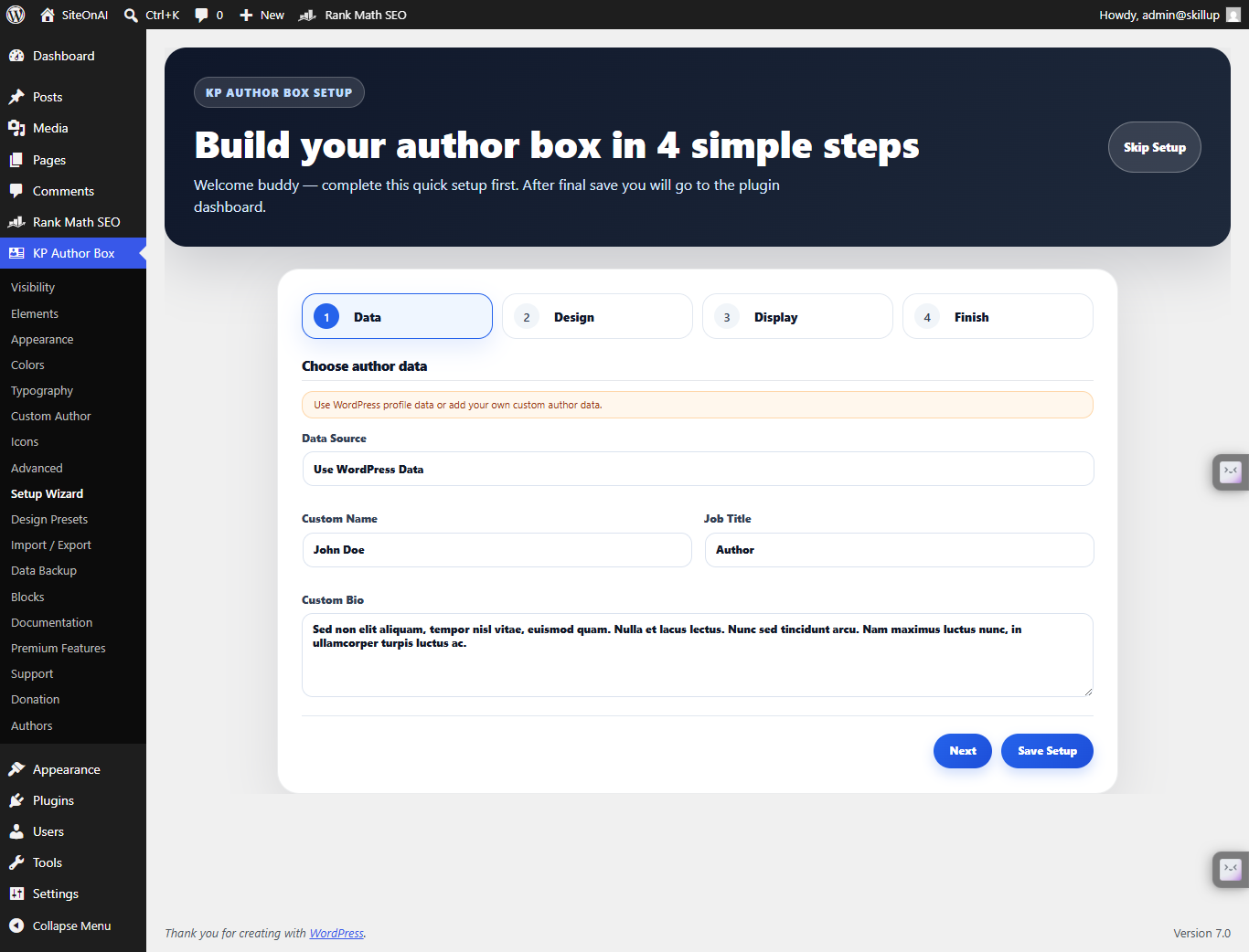 KP Author Box setup wizard for WordPress author box plugin