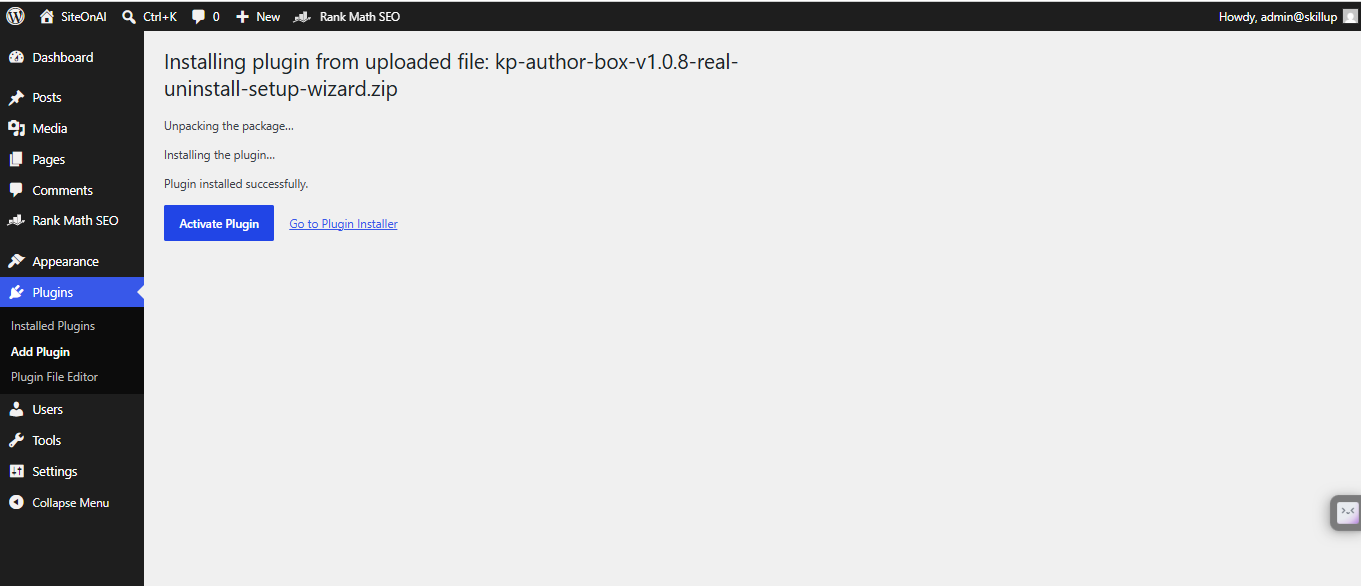 Install KP Author Box plugin from WordPress admin dashboard